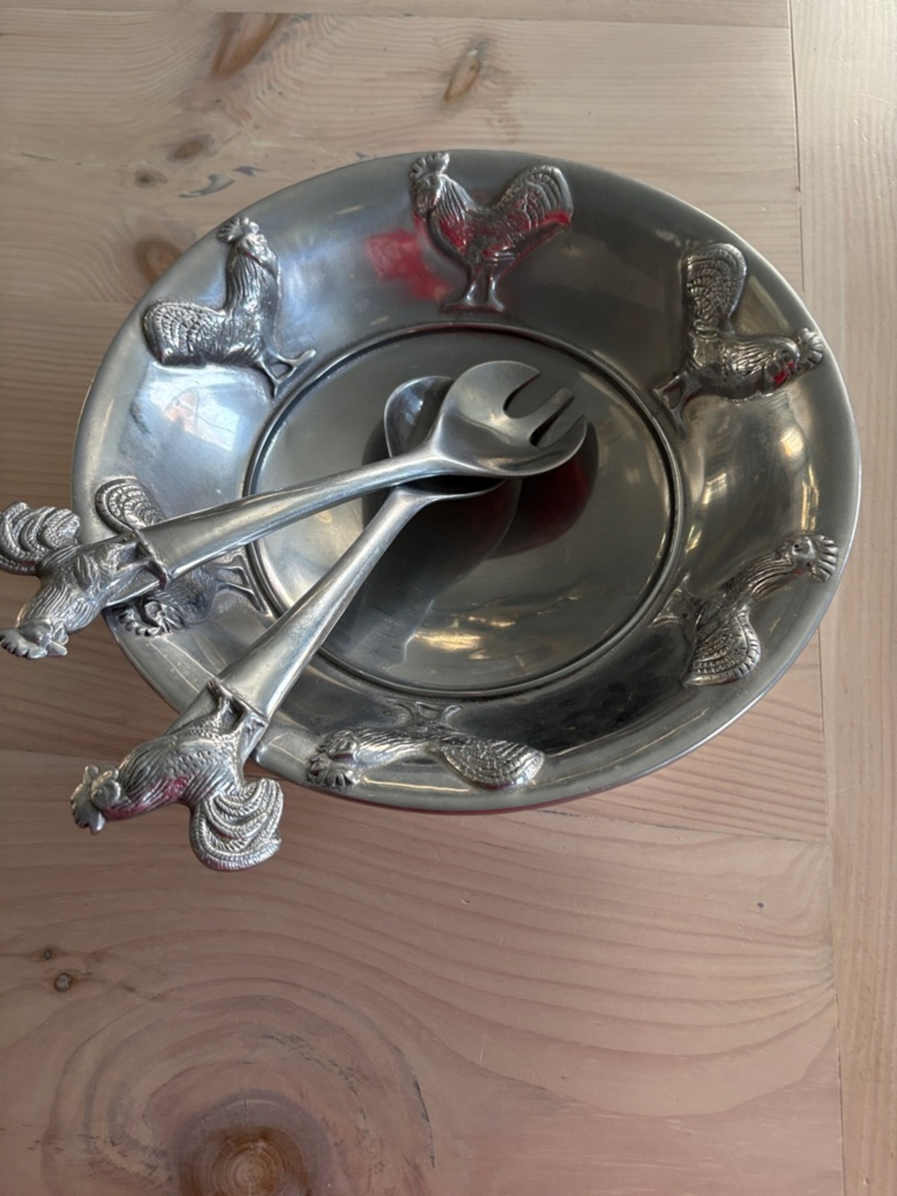Mariposa Silver Rooster Salad Bowl with Serving Fork and Spoon